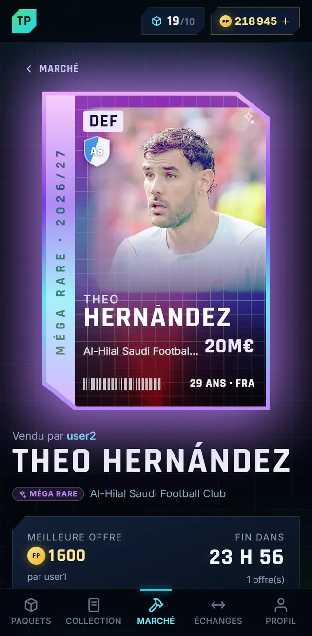 Enchère sur une carte méga rare de Theo Hernández