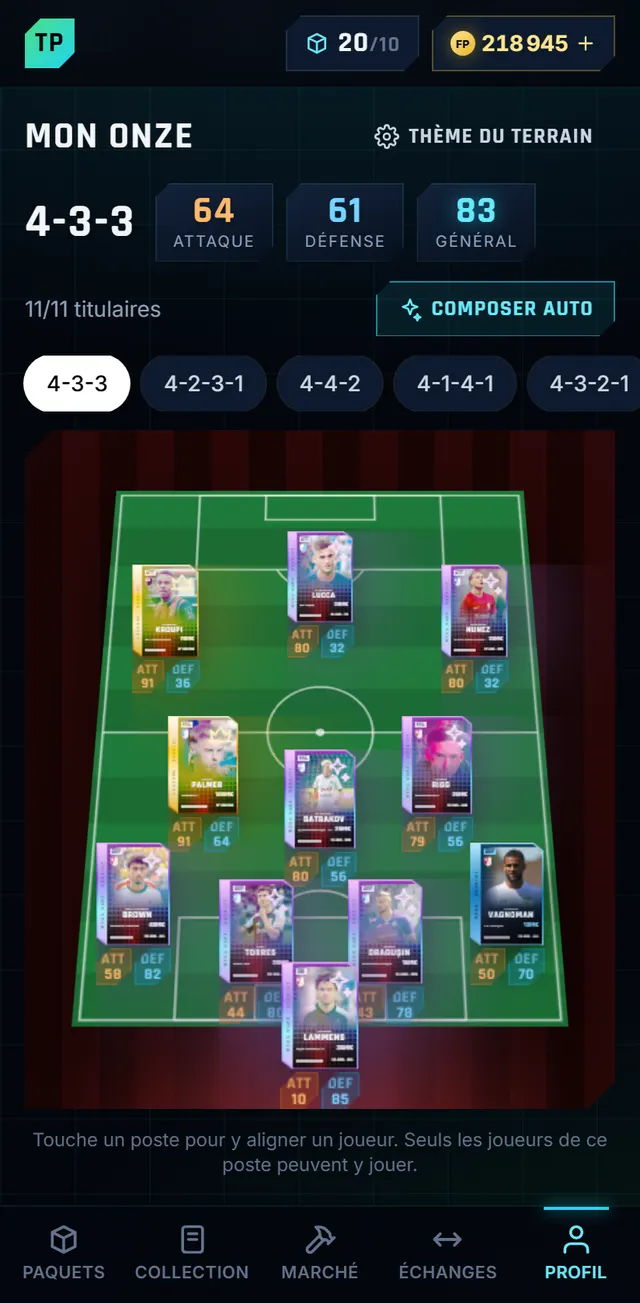 Composition d’équipe en 4-3-3 sur un terrain