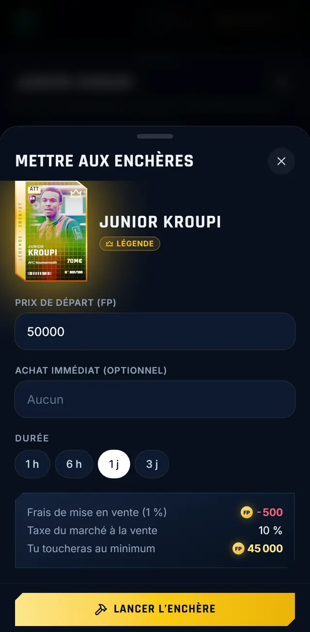 Mise aux enchères d’une carte légende avec prix de départ et durée